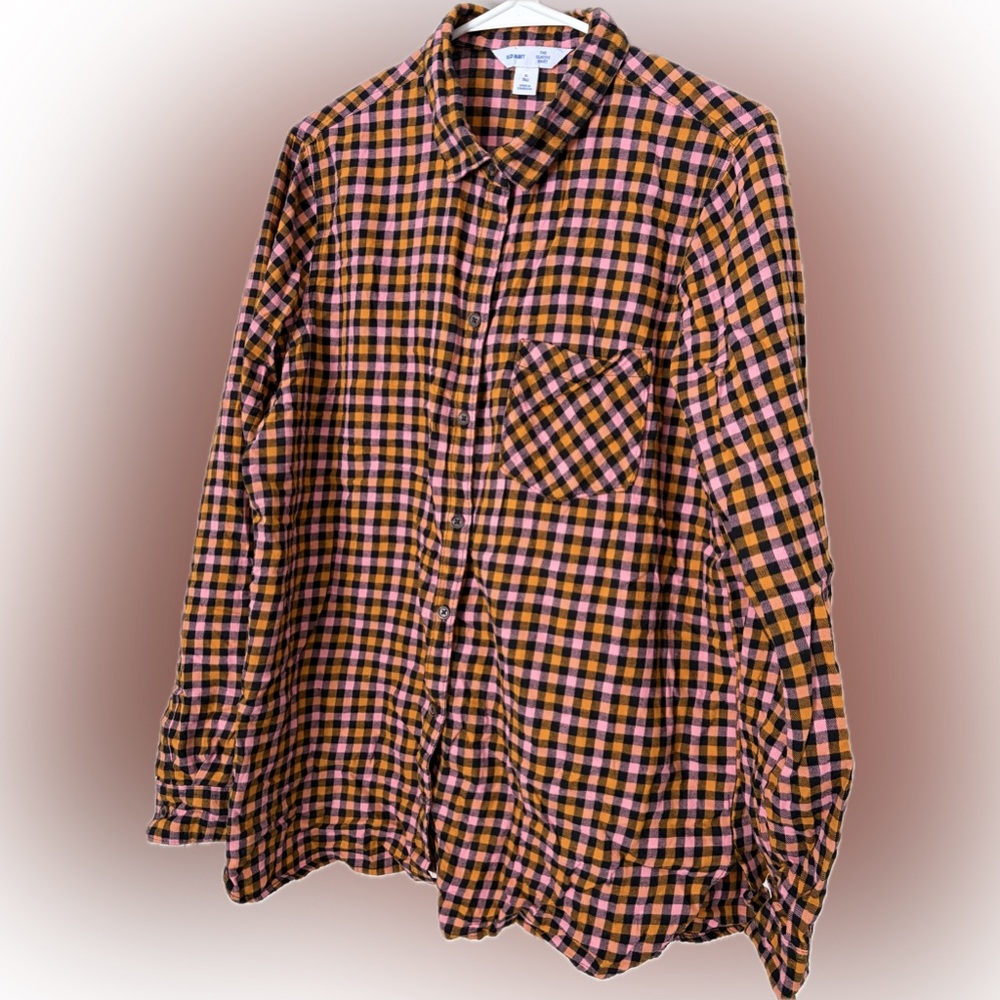Old Navy Women's Pink/Orange/Black Plaid Flannel Button-Down Shirt-size XL Tall
